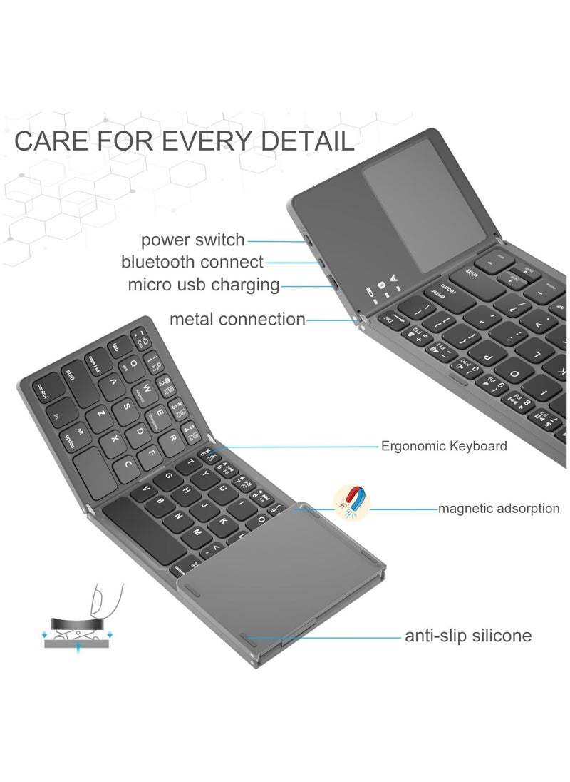 Foldable Bluetooth Keyboard, Wireless Portable Keyboard with Touchpad, Rechargeable Pocket-Sized Folding Travel Keyboard for iOS,Android, Windows Devices -Space Gray