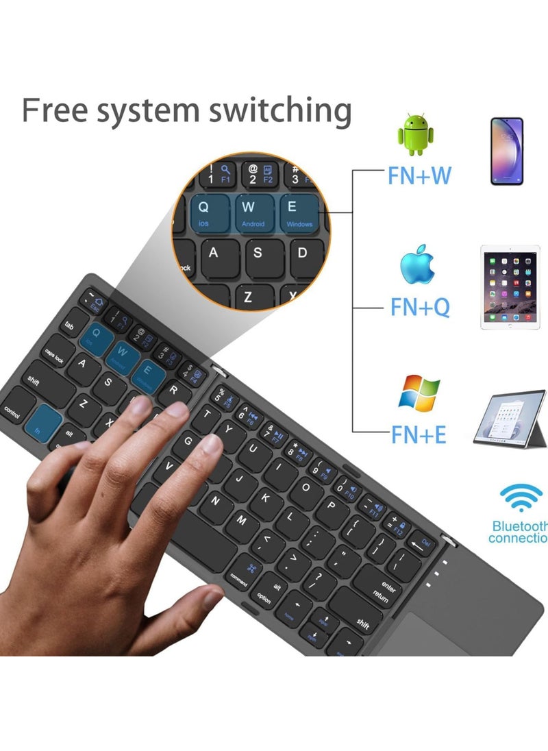 Foldable Bluetooth Keyboard, Wireless Portable Keyboard with Touchpad, Rechargeable Pocket-Sized Folding Travel Keyboard for iOS,Android, Windows Devices -Space Gray