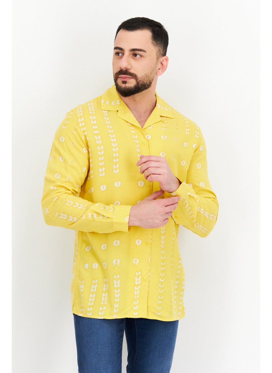 Men Spread Collar Long Sleeves Allover Print Casual Shirt, Yellow Combo