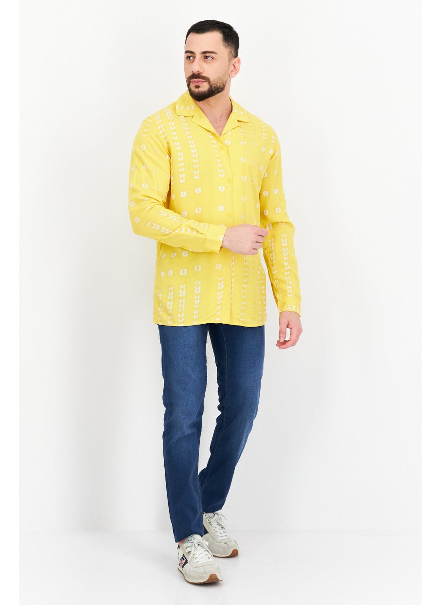 Men Spread Collar Long Sleeves Allover Print Casual Shirt, Yellow Combo