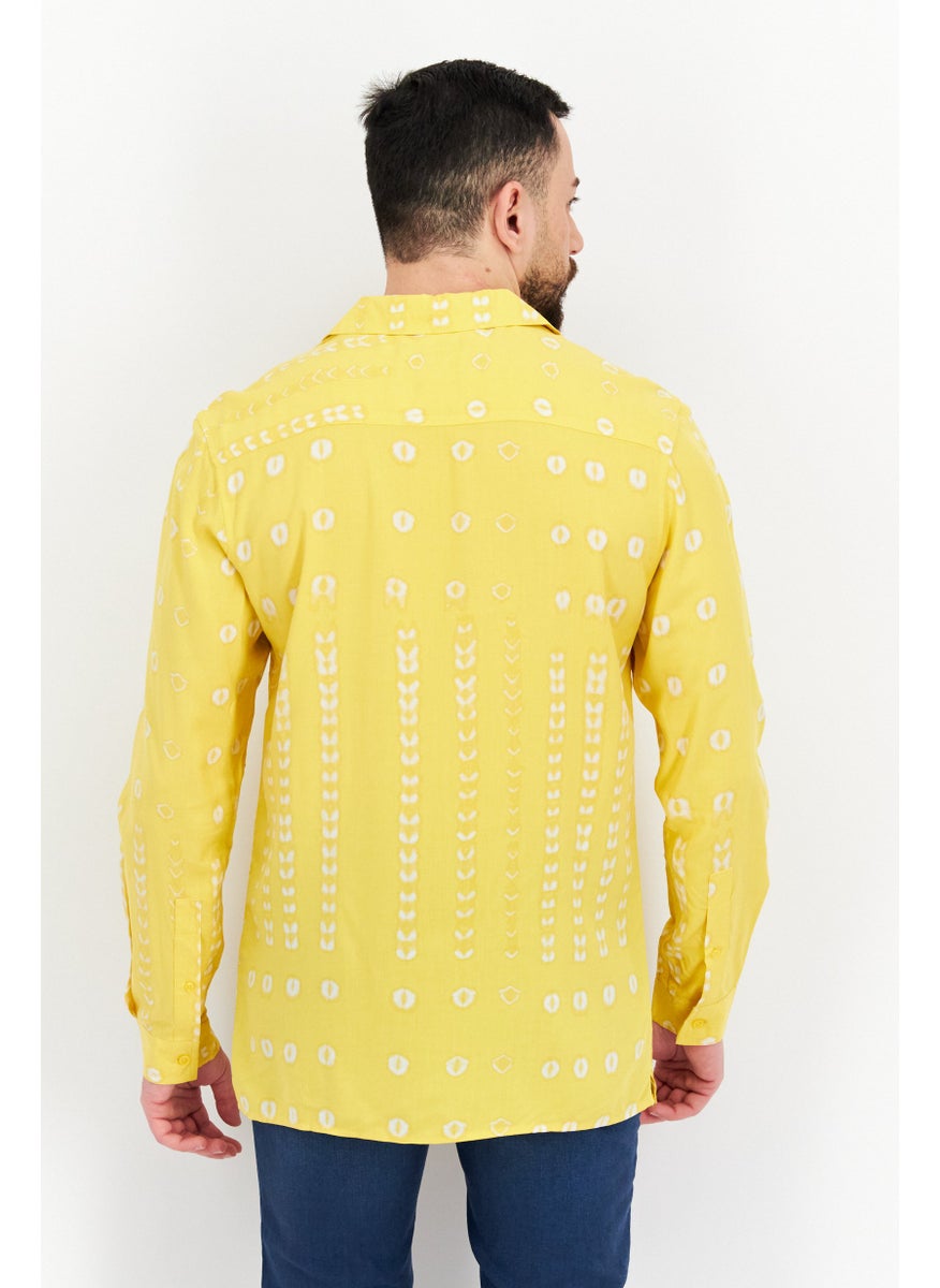 Men Spread Collar Long Sleeves Allover Print Casual Shirt, Yellow Combo