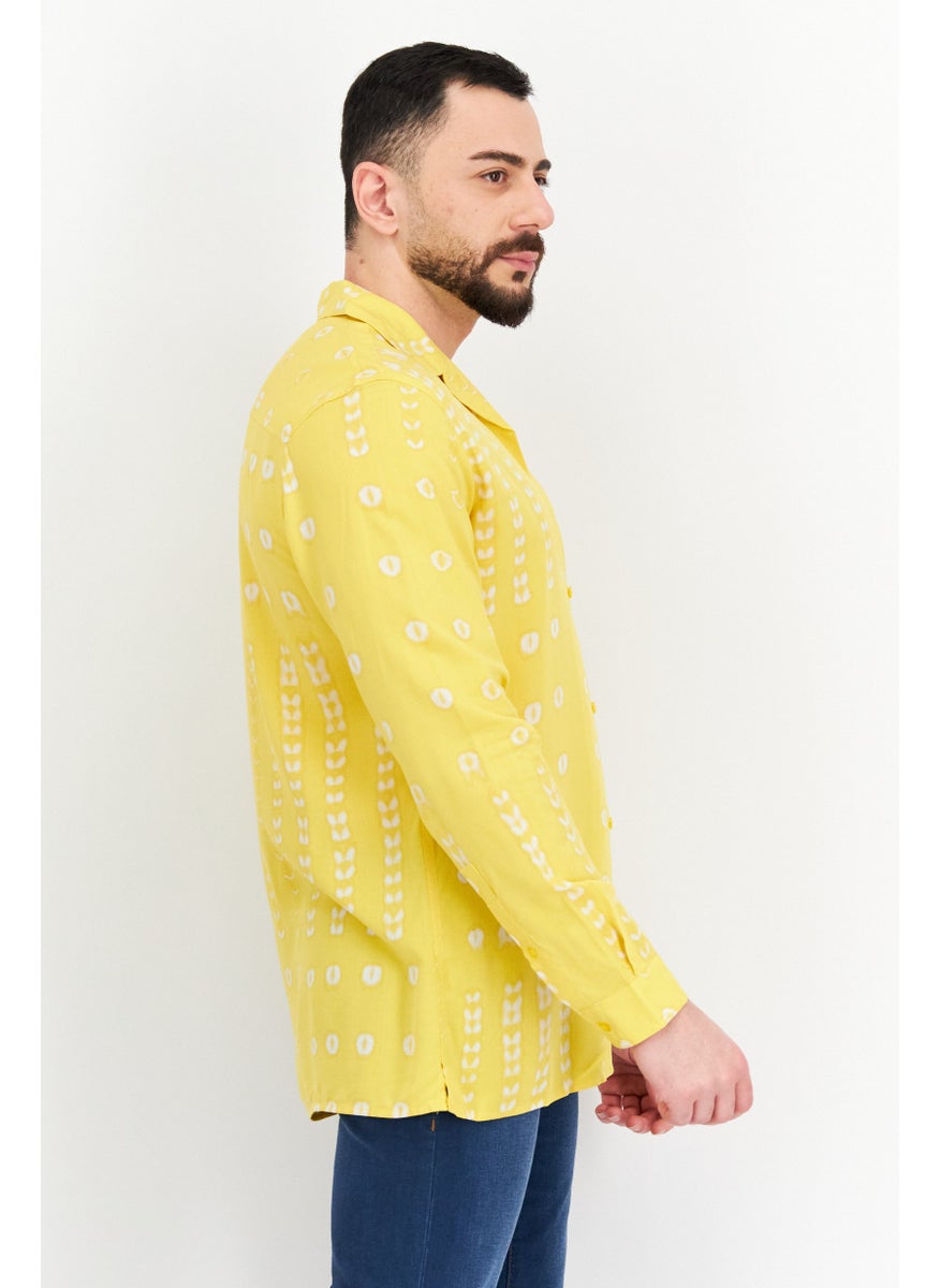 Men Spread Collar Long Sleeves Allover Print Casual Shirt, Yellow Combo