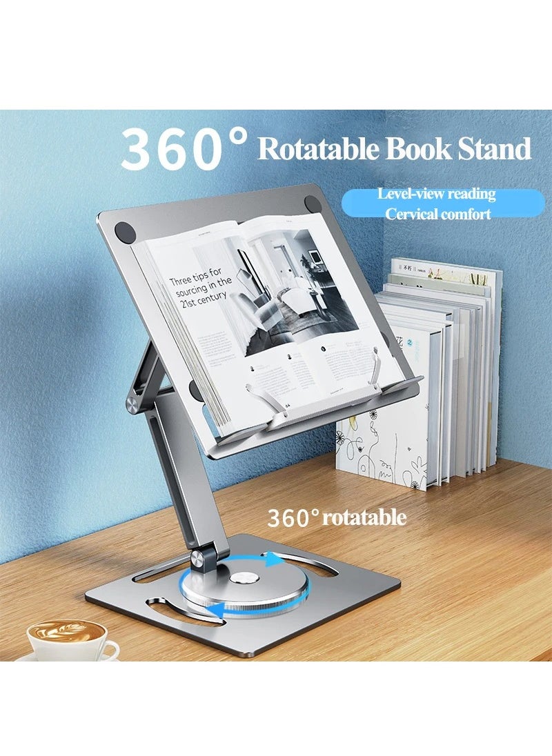 360 Rotable Aluminium Laptop Stand Height Angle Adjustment Tablet Desktop Holder Multifunctional Reading Book Bracket, 360° Rotating Reading Stand(Gray)