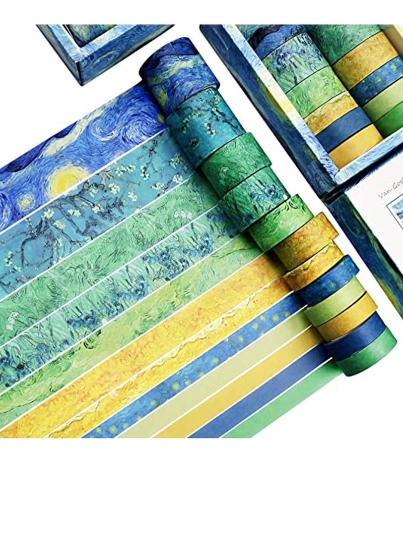 Van Gogh Starry Night, DIY Crafts, Washi Tape Set of 12 Rolls, Decorative Green Leaves Floral Blue Yellow Washi Masking Tape Sets for Craft, Kids, Scrapbook, Diary, DIY, Gift Wrapping