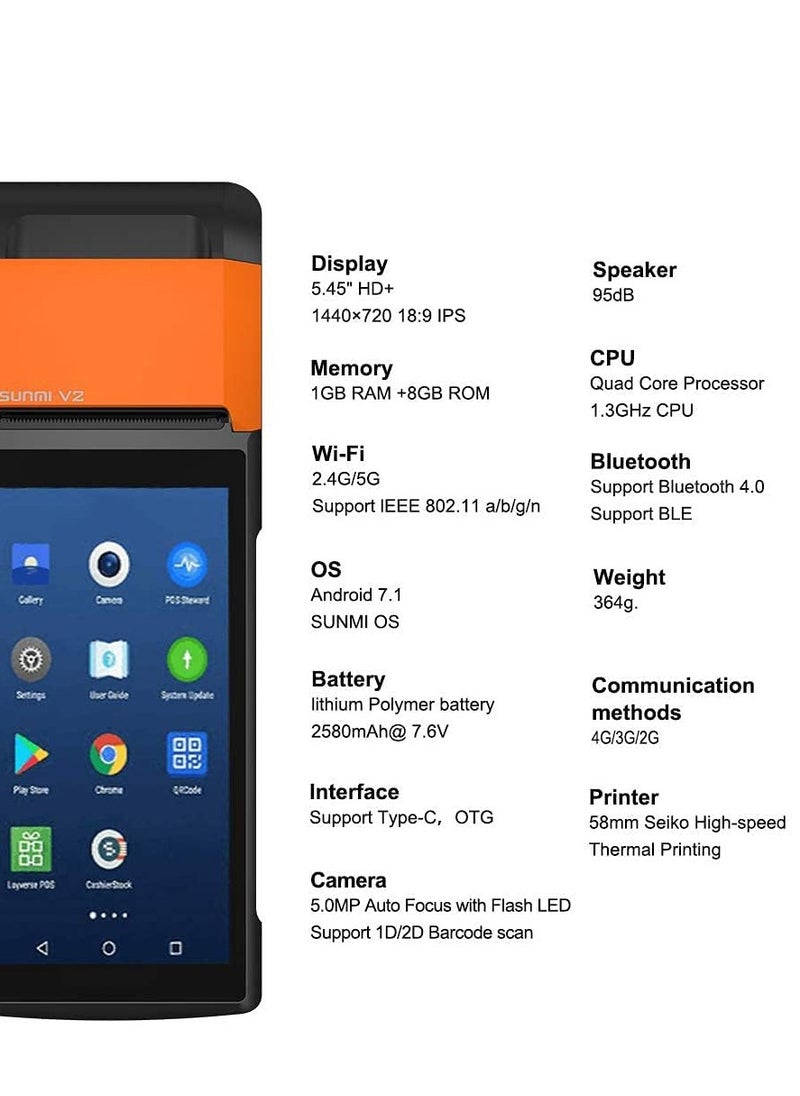 V2 POS Terminal with Receipt Printer with Camera Speaker and Barcode Scanner All in One Handheld PDA  Android 7.1 System Support 4G
