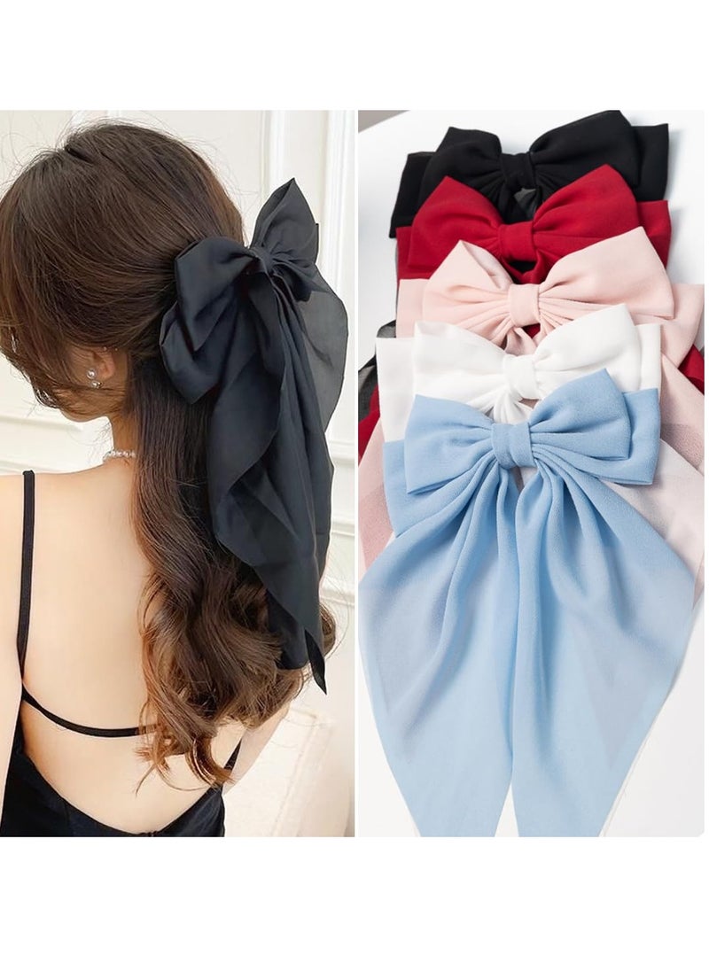 Hair Bows for Women & Girls: Big Bow Clips with Ribbons - Bow-Knot Clips for Thick & Thin Hair, Nonslip Claw Clips, 5 PCS