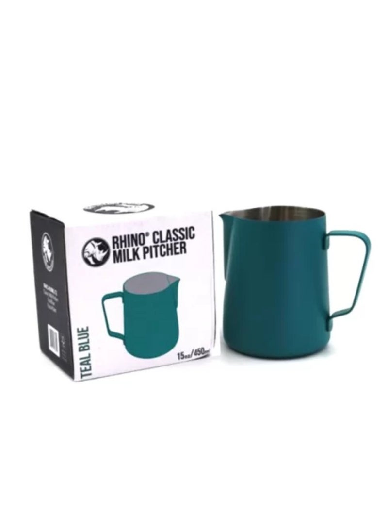 Classic Colored Milk Pitcher, Perfect Latte Art Spout, Stainless Steel Interior & Powder-Coated Exterior, 15oz (450ml) - Teal Blue