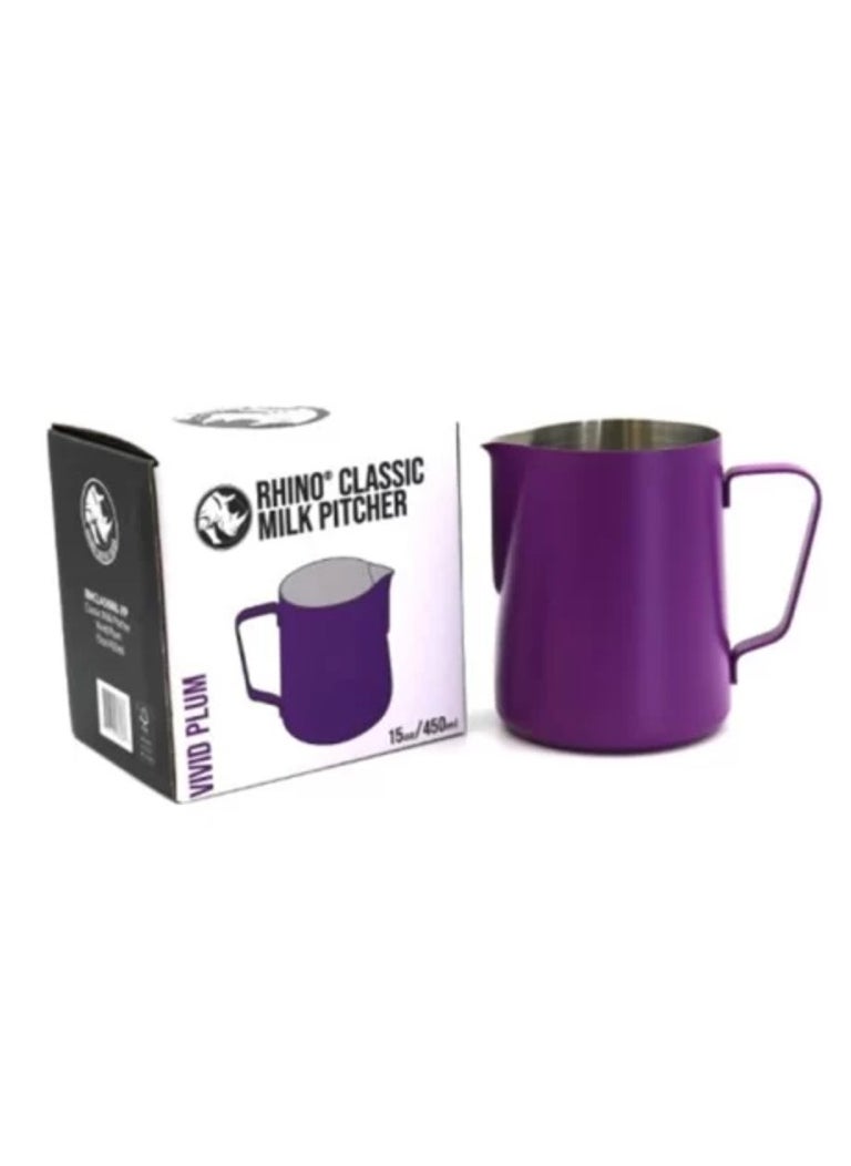 Classic Colored Milk Pitcher, Perfect Latte Art Spout, Stainless Steel Interior & Powder-Coated Exterior, 15oz (450ml) - Vivid Plum