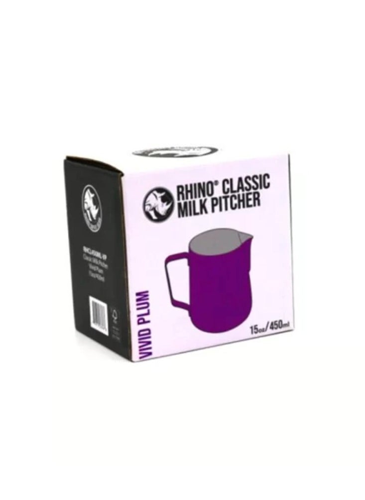 Classic Colored Milk Pitcher, Perfect Latte Art Spout, Stainless Steel Interior & Powder-Coated Exterior, 15oz (450ml) - Vivid Plum