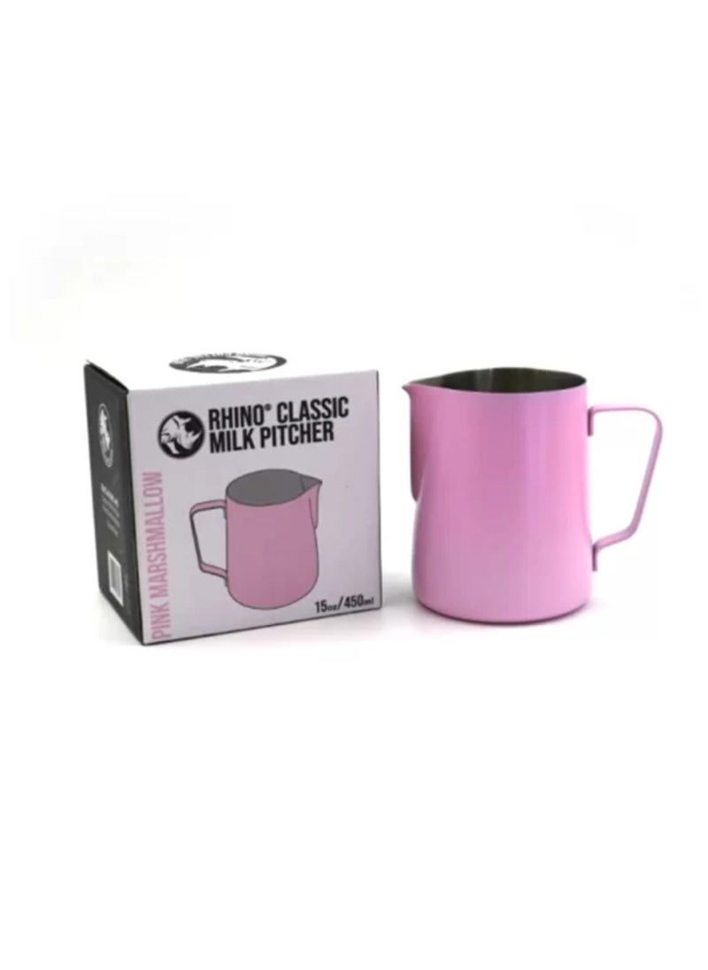 Classic Colored Milk Pitcher, Perfect Latte Art Spout, Stainless Steel Interior & Powder-Coated Exterior, 15oz (450ml) - Pink Marshmallow