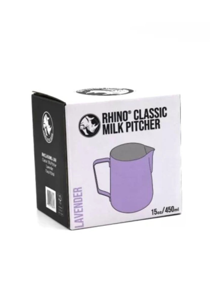 Classic Colored Milk Pitcher, Perfect Latte Art Spout, Stainless Steel Interior & Powder-Coated Exterior, 15oz (450ml) - Lavender