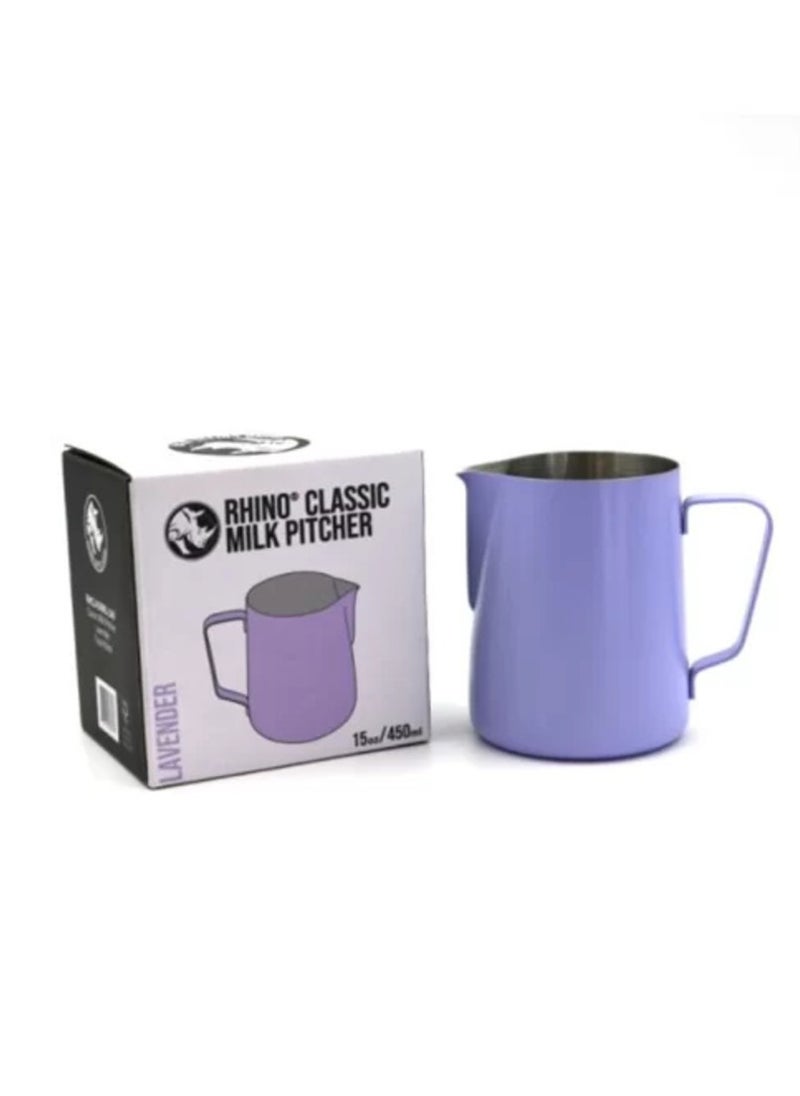 Classic Colored Milk Pitcher, Perfect Latte Art Spout, Stainless Steel Interior & Powder-Coated Exterior, 15oz (450ml) - Lavender