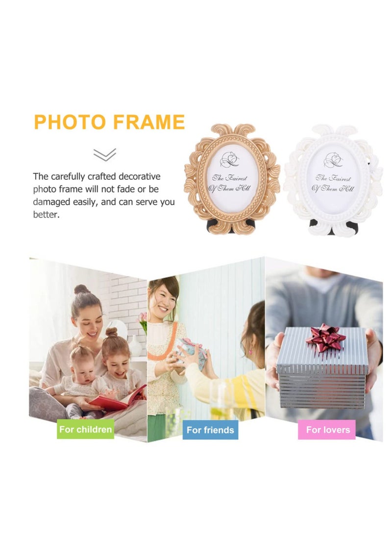 Mini Vintage Photo Frames, 2 Pcs Oval Shaped Baroque Picture Frames, Vintage Picture Frame Antique Photo Frame, Tabletop Picture Display Stand, for Home Office Bedroom Living Room (White Golden)