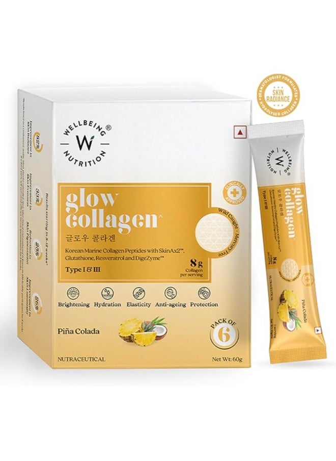 wellbeing nutrition Glow Korean Marine Collagen | Clinically Proven Type 1 & 3 Peptides, SkinAX, Glutathione, Resveratrol | Pinacolada - 6 Sachets