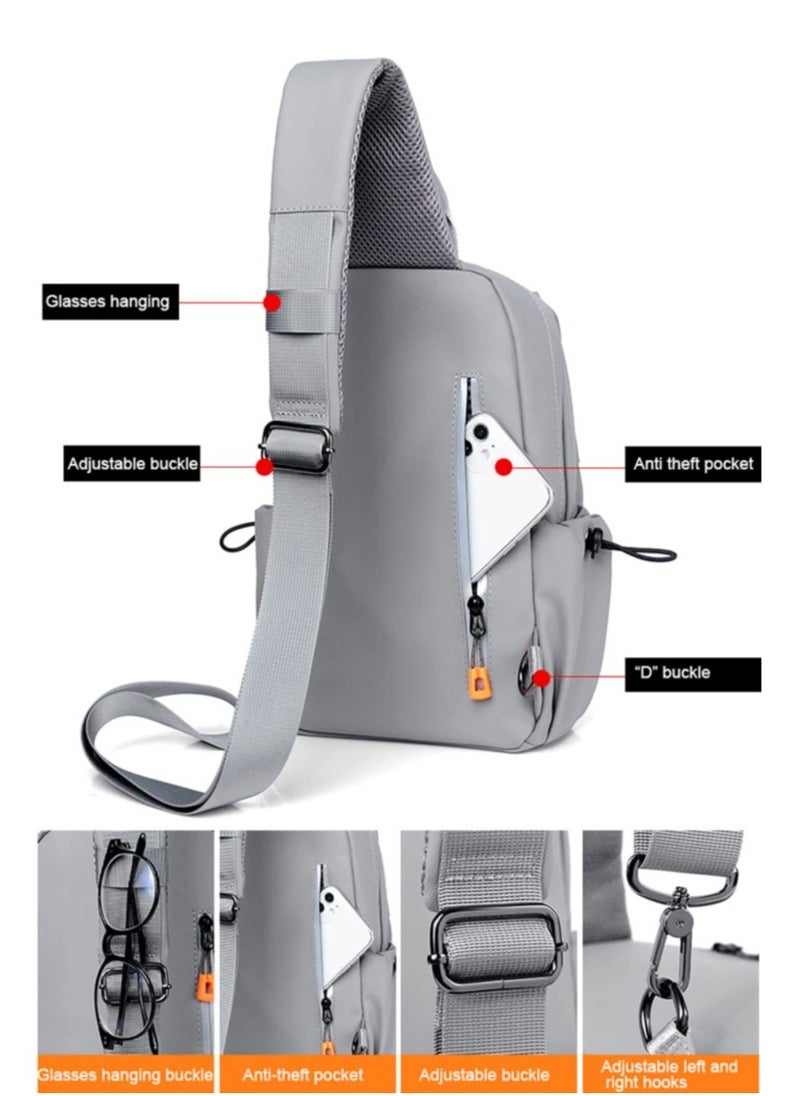 Crossbody Backpack, Waterproof, Lightweight with USB Charger Port, for Outdoor Hiking, Traveling, Cycling Grey