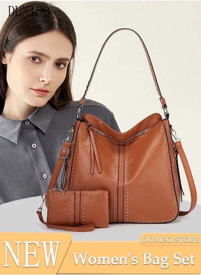 Women's Fashion Shoulder Tote Bag Faux Leather Handbag Set For Women Large Capacity Bucket Bag Fashionable Travel Messenger Shoulder Bag For Ladies