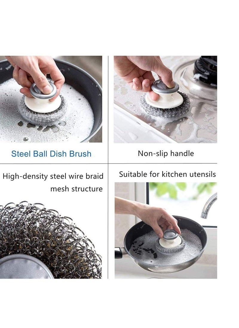 Dish Brush Steel Ball Pot Brush Kitchen Crevice Cleaning Brush with Scraper Bathroom Scrub Brush 5PCS Handle Brushes