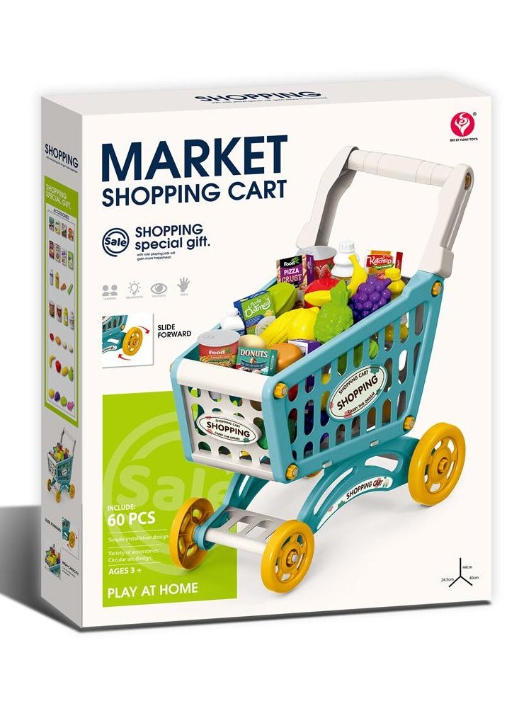 Fantastic-Kids-Toys Shopping Cart Toy for Kids, 60 Pcs Supermarket Playset with Fruit Vegetables, Food and Shopping - Educational Role Play Toy (Green)