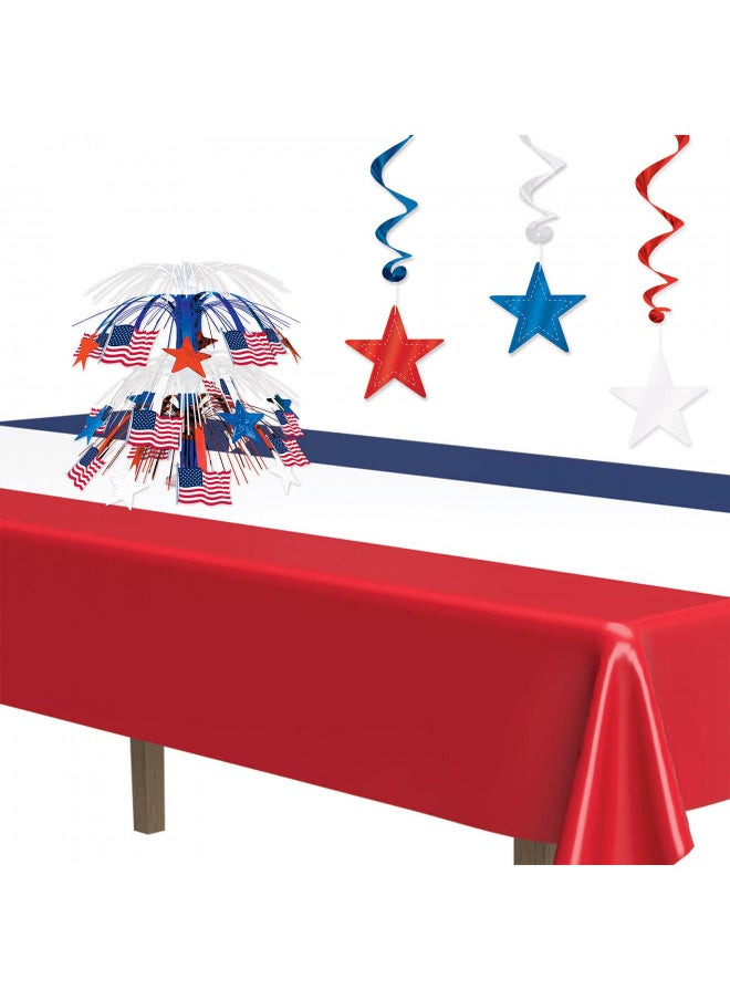 Beistle Red, White And Blue Patriotic Party Tablecover Plastic Table Cloth, Rectangular, 4th of July, Memorial Day Decorations, Disposable Tablecloth, 54