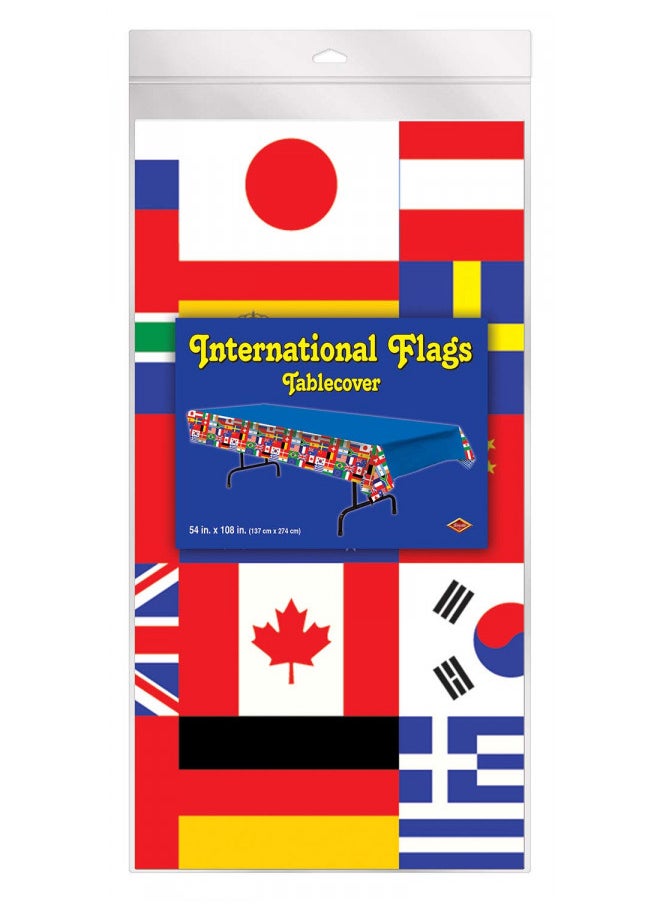 Beistle International Flag Tablecover, 54 x 108 Plastic Table Cloth, Around the World Decorations, Travel Themed Party Decorations, International World Flags, Multicultural Decorations