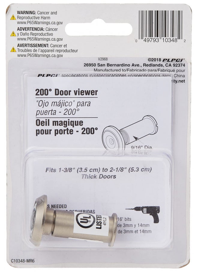 Prime-Line U 10348 Door Viewer, 1/2 In.. x 200 Degree, Solid Brass Housing, Glass Lens is U.L. Listed, Satin Nickel Plated Finish (Single Pack)