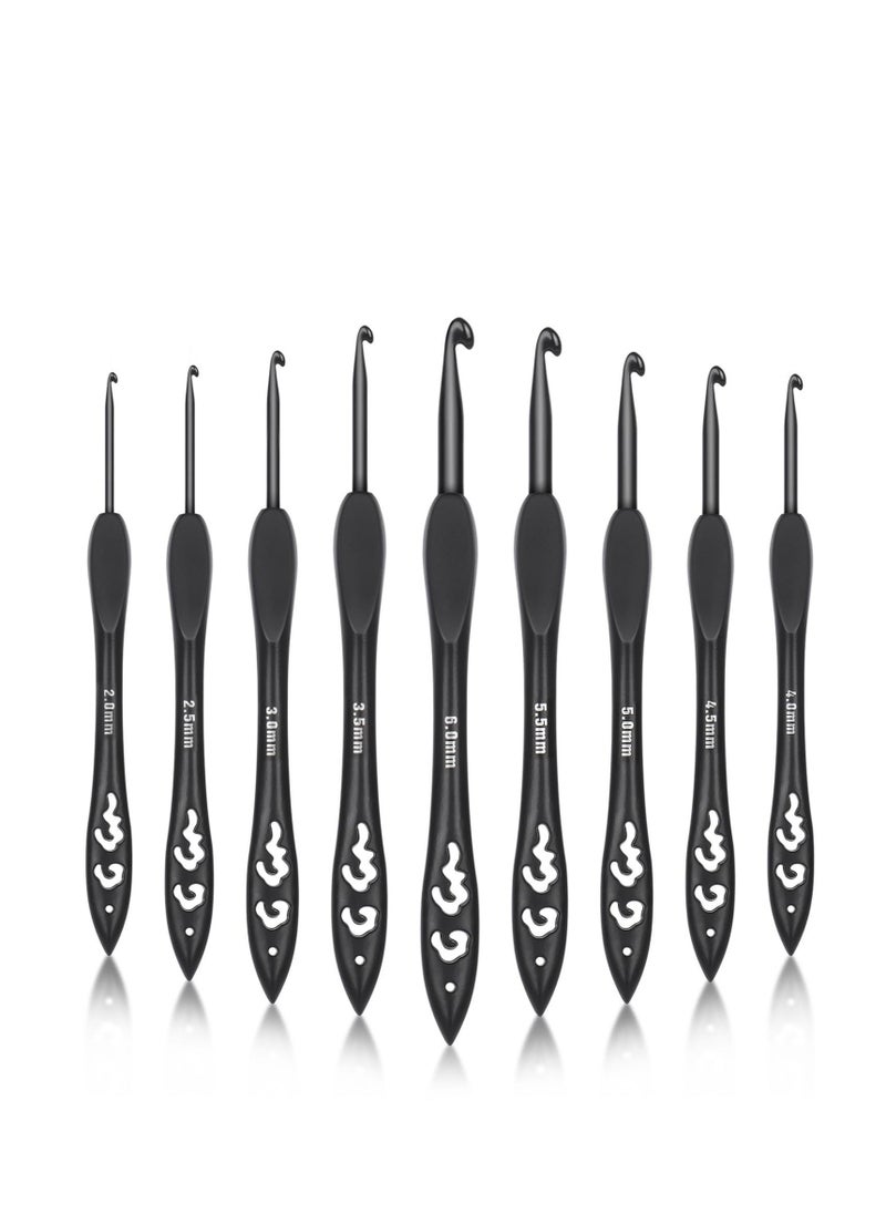 9 Sizes Crochet Hooks, Black Crochet Needles, Ergonomic Soft Grip Aluminum Crochet Hook Set, Lightweight Knitting & Crochet Supplies, for Arthritic Hands Beginners Kids Adults 2.0mm(B)-6.0mm(J)