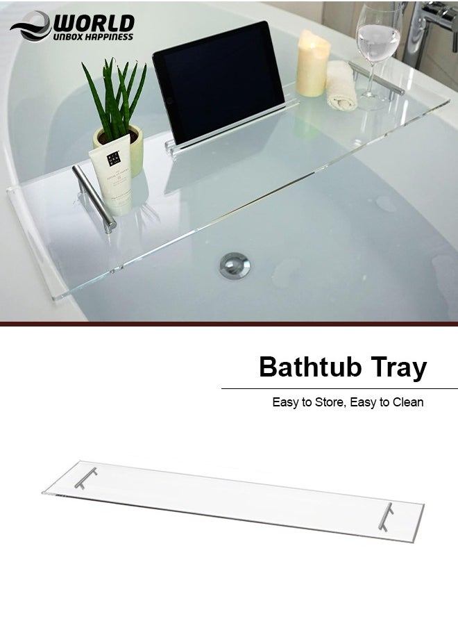 Elegant Clear Bathtub Tray with Handles, Length Bath Caddy for All Tubs, Transparent Bathroom Organizer for Soap, Towels, Candles, Plants & More 9.4 x 29.5 x 0.3 inches