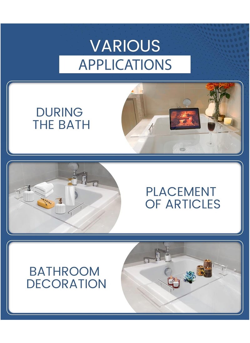 Elegant Clear Bathtub Tray with Handles, Length Bath Caddy for All Tubs, Transparent Bathroom Organizer for Soap, Towels, Candles, Plants & More 9.4 x 29.5 x 0.3 inches