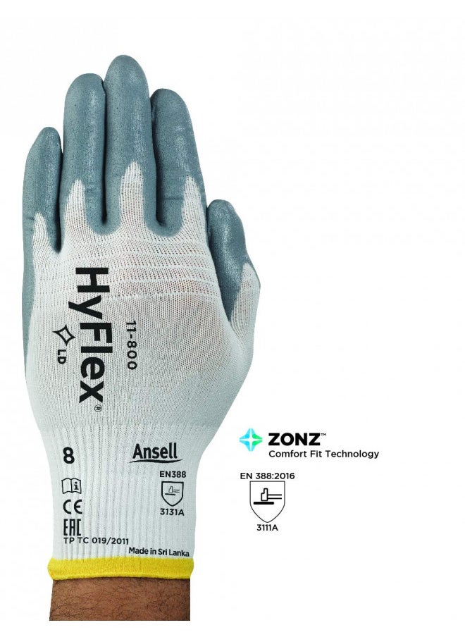 Ansell 205572 HyFlex 11-800 White/Gray Nylon Gloves, Large, Size 9, 12 Pairs