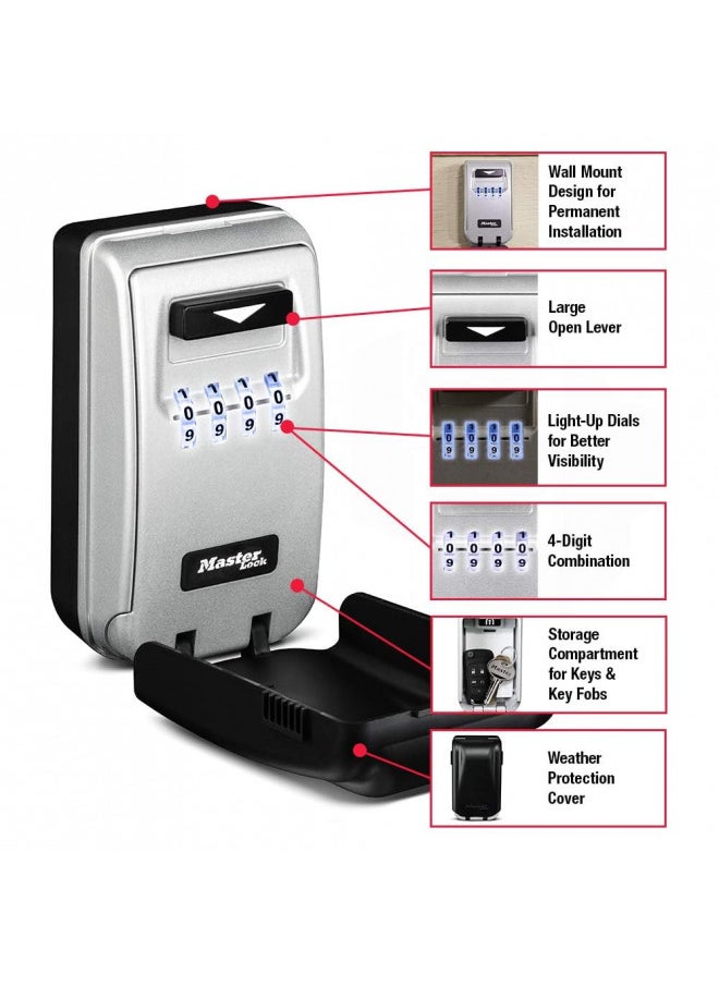 Master Lock 5425D Set Your Own Combination Wall Mount Lock Box with Light Up Dials, 6 Key Capacity