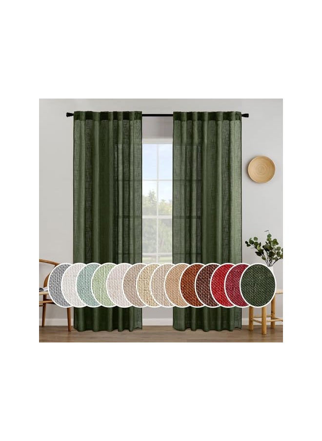 MIULEE Olive Green Linen Curtains 84 Inch Length for Bedroom Living Room, Soft Thick Linen Textured Window Drapes Semi Sheer Light Filtering Back Tab Rod Pocket Burlap Look Christmas Decor, 2 Panels