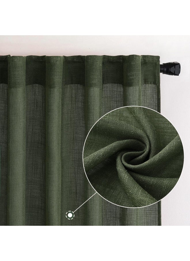 MIULEE Olive Green Linen Curtains 84 Inch Length for Bedroom Living Room, Soft Thick Linen Textured Window Drapes Semi Sheer Light Filtering Back Tab Rod Pocket Burlap Look Christmas Decor, 2 Panels