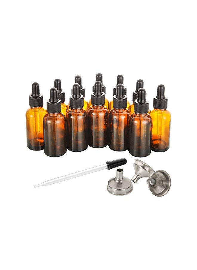 12 PCS, 1 oz Dropper Bottles for Essential Oils with 3 Stainless Steel Funnels & 1 Long Glass Dropper - 30ml Amber Glass Bottles with Eye Droppers - Liquids Tincture Bottles, Leak Proof Travel Bottles