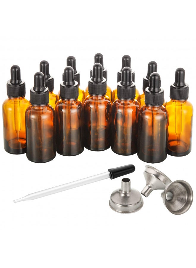 12 PCS, 1 oz Dropper Bottles for Essential Oils with 3 Stainless Steel Funnels & 1 Long Glass Dropper - 30ml Amber Glass Bottles with Eye Droppers - Liquids Tincture Bottles, Leak Proof Travel Bottles