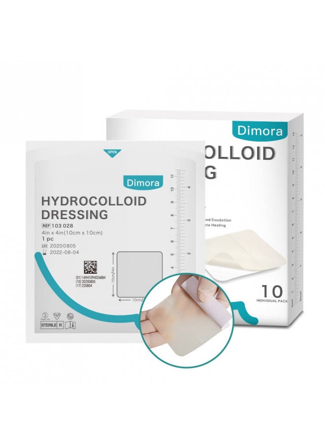 Hydrocolloid Adhesive Bandage, Hydrocolloid Wound Dressing Thin Type 4'' x 4'', Individually Sterile Packed Hydrocolloid Patches, Box of 10 Dressings