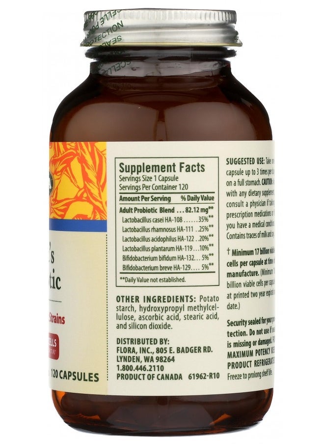 Flora - Adult's Probiotic Blend, Six Adult-Specific Strains, Gluten Free, Raw Probiotic with 17 Billion Cells, 120 Vegetarian Capsules