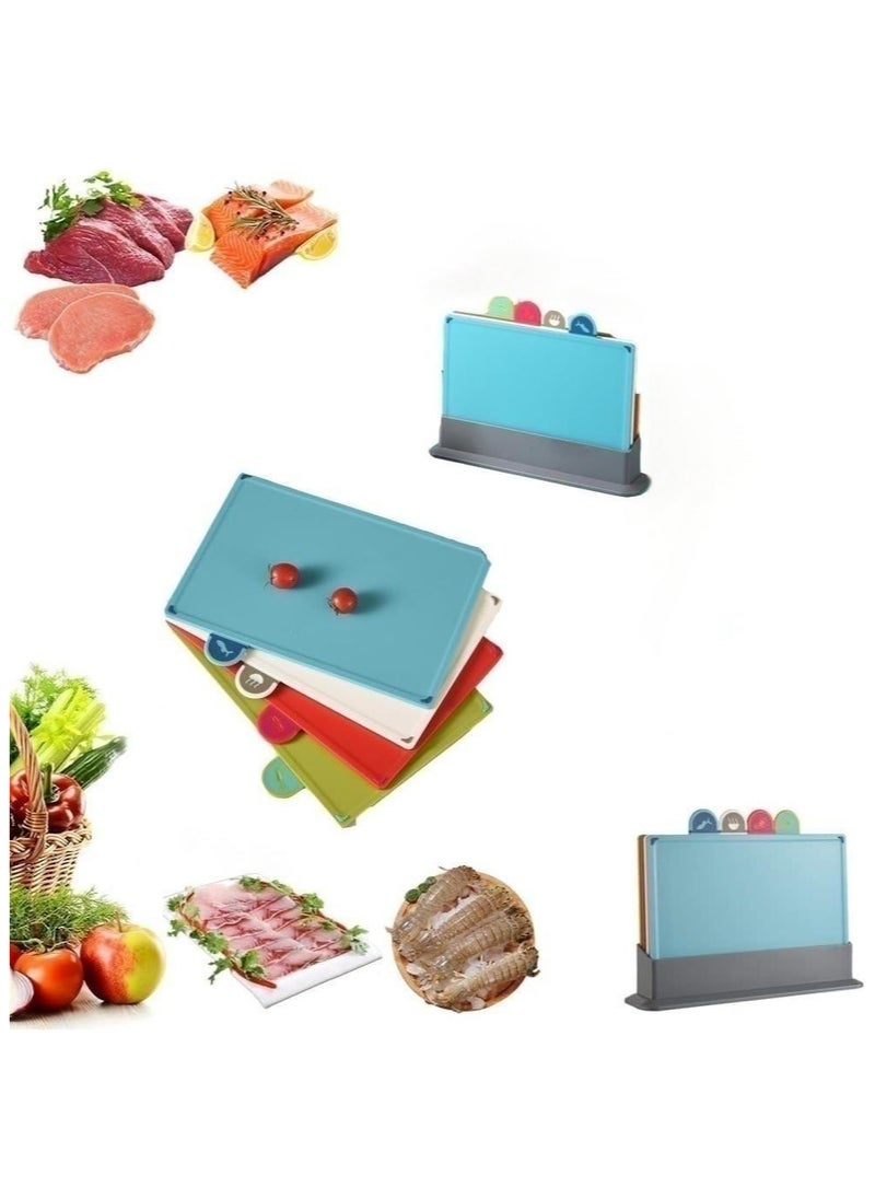 Cutting Boards, 4pcs Chopping Board Kit with Drainage Holder Stand and Easy Gripped Handle Color Marked Cutting Boards Non slip Durable Kitchen Food Cutting Mats Set for Meat Fruit Vegetable Fish