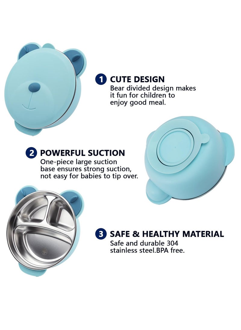 Stainless Steel Baby Feeding Bowl, Stainless Steel Kids Plates, Stainless Steel Baby Bowls, Toddler Suction Plate with Lid Spoon and Fork, Perfect for Children, Blue