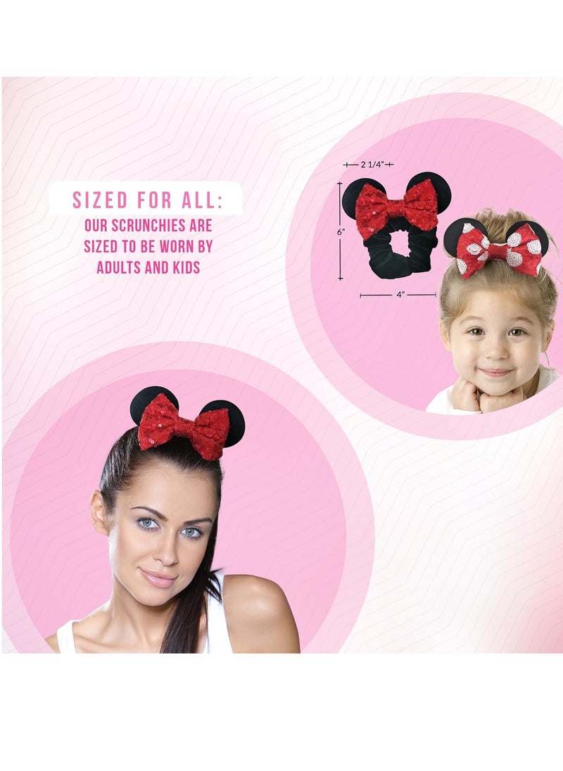 Styla Hair 2pk Mouse Ear Scrunchies for Kids Velvet Hair Bow Scrunchies for Women - Sparkle Sequins Mouse Hair Bands for Pony Tail (Red Black)