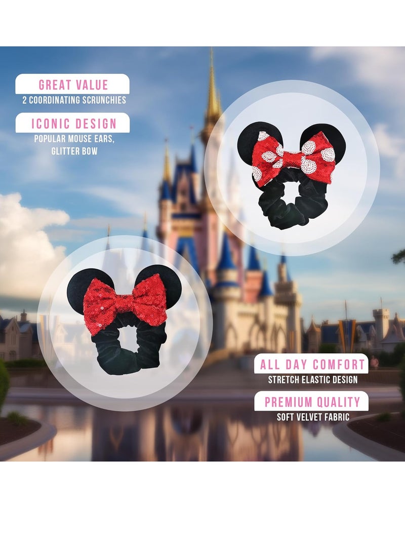 Styla Hair 2pk Mouse Ear Scrunchies for Kids Velvet Hair Bow Scrunchies for Women - Sparkle Sequins Mouse Hair Bands for Pony Tail (Red Black)
