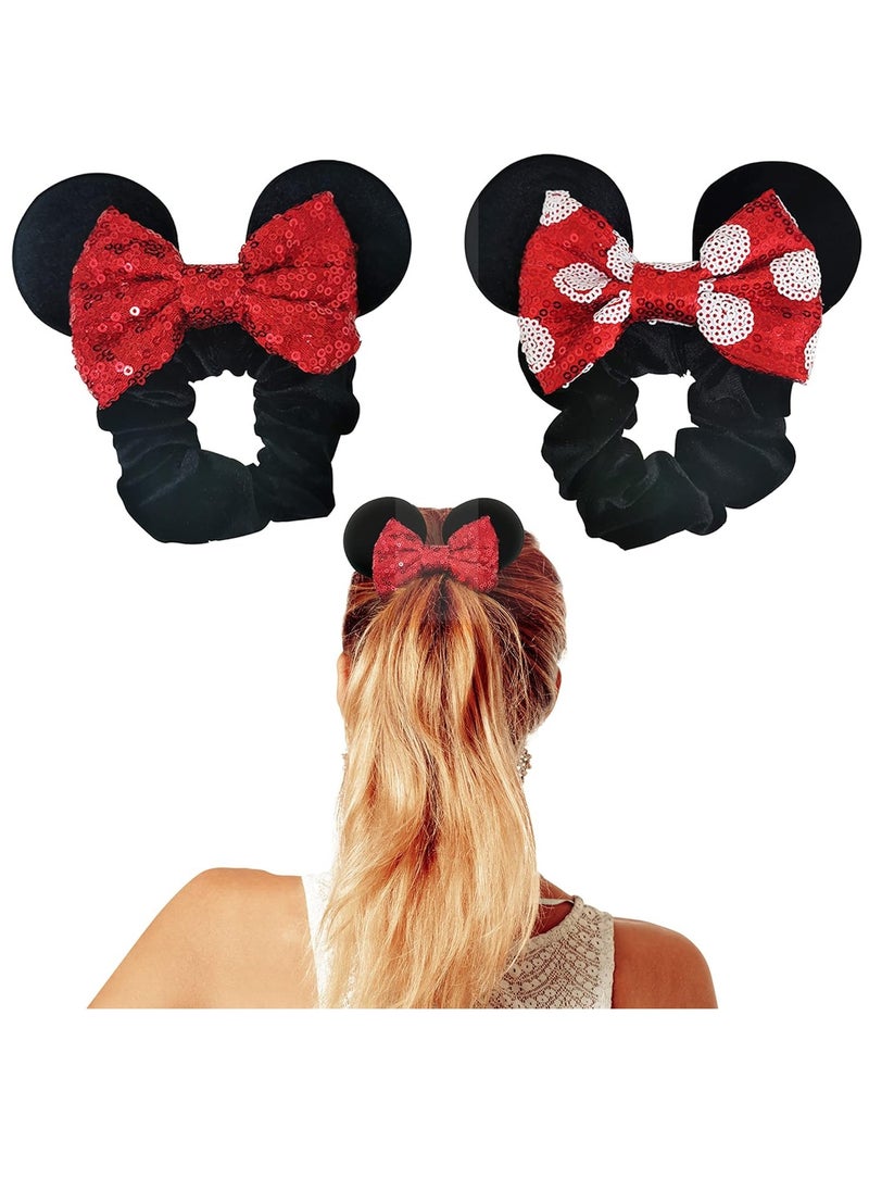 Styla Hair 2pk Mouse Ear Scrunchies for Kids Velvet Hair Bow Scrunchies for Women - Sparkle Sequins Mouse Hair Bands for Pony Tail (Red Black)