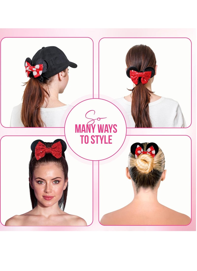 Styla Hair 2pk Mouse Ear Scrunchies for Kids Velvet Hair Bow Scrunchies for Women - Sparkle Sequins Mouse Hair Bands for Pony Tail (Red Black)