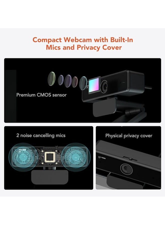 V11 2K Webcam for PC, with Noise-Cancelling Microphone & Privacy Cover, 90° Wide Angle 1080P/60fps, USB Plug&Play Computer Web Camera for Laptop/Desktop, Video Calling/Conferencing, Zoom/Skype