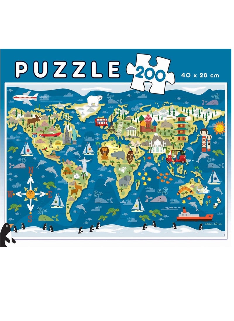 World Map, Sean Sims, 200 Piece Children's Puzzle, Approximate measurement once assembled 40 x 28 cm, Composed of large, perfectly finished pieces. From 6 years (19292)