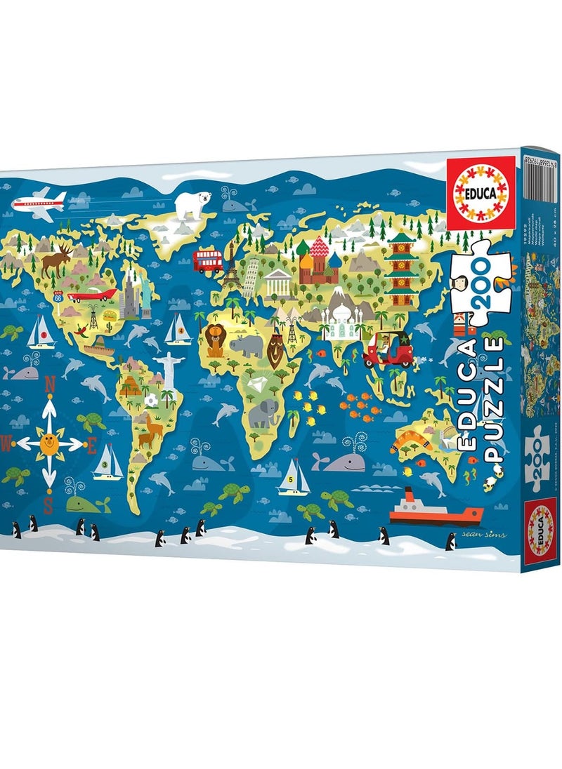 World Map, Sean Sims, 200 Piece Children's Puzzle, Approximate measurement once assembled 40 x 28 cm, Composed of large, perfectly finished pieces. From 6 years (19292)