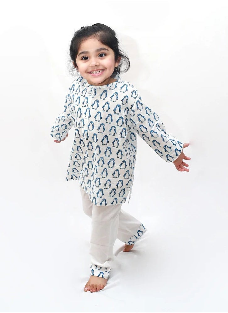 Polka Tots Full Sleeves Night Wear Penguin Kurta Pyjama - Blue