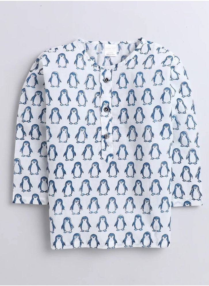 Polka Tots Full Sleeves Night Wear Penguin Kurta Pyjama - Blue