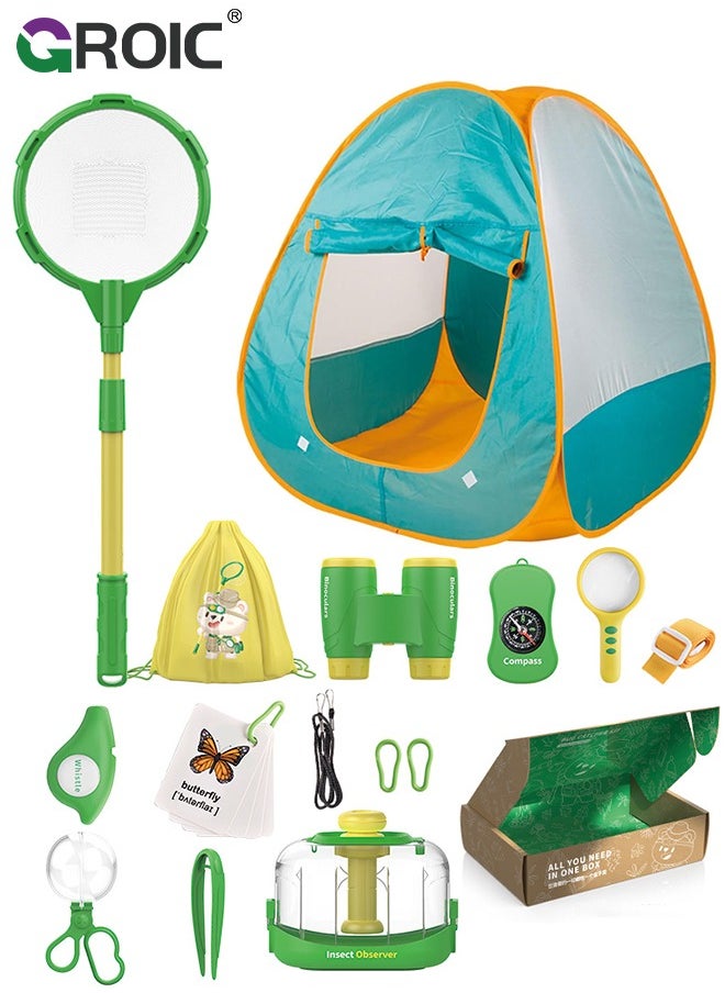 15 Pcs Kids Explorer Kit, Pop Up Tent with Kids Camping Gear Set, Bug Catcher Kit for Kids,Outdoor Toys Camping Tools Set for Kids, STEM Educational Toy Binoculars & More for Nature Exploration