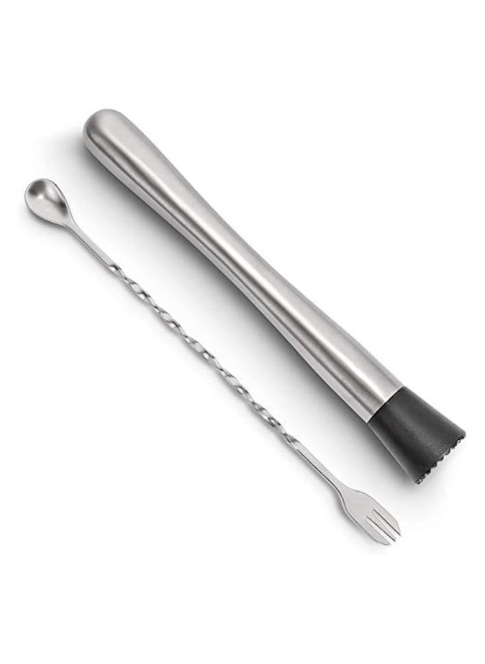 10 Inch Stainless Steel Cocktail Muddler and Mixing Spoon Home Bar Tool Set - Create Delicious Mojitos and Other Fruit