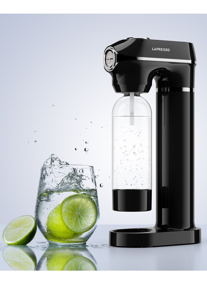 Sparkling Water Maker 1L with Pressure Meter / Efficient Carbonation / Adjustable Fizz Pressure / One-Button Operation - Black